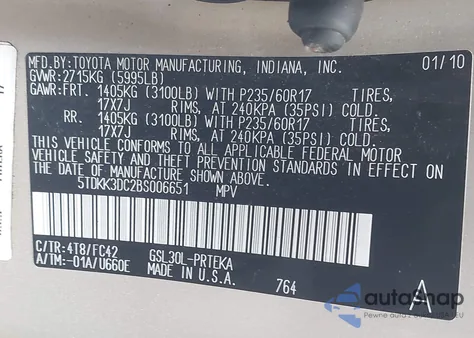 2011 Toyota Sienna Le V6 z USA, uszkodzony, nr VIN 5TDKK3DC2BS006651